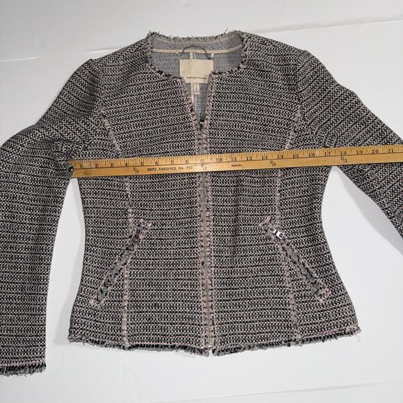 Rebecca Taylor Tweed Jacket Size 4 Zip Front Fringe Trim Pink Workwear Blazer - Picture 8 of 11
